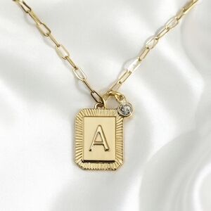 Gold Initial Pendant Necklace w/ Gemstone Charm – Elegant Elongated Link Chain
